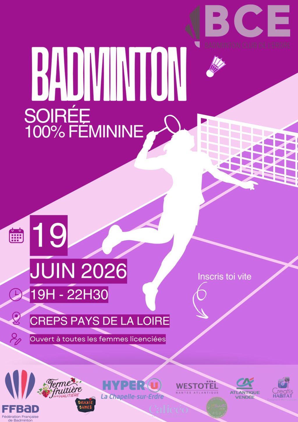 Soirée 100% féminine le 19 juin 2026 de 19h à 22h30 au CREPS