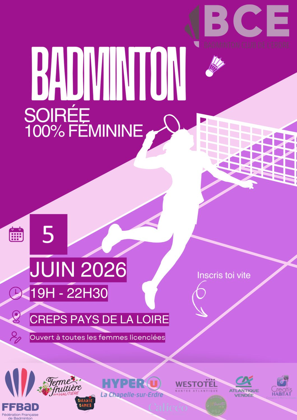 Soirée 100% féminine le 5 juin 2026 de 19h à 22h30 au CREPS